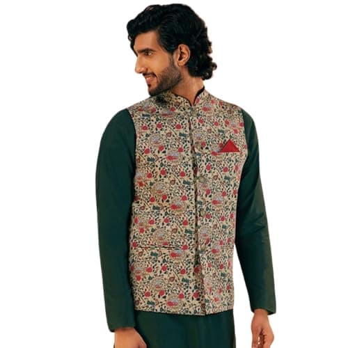 KISAH Men's Nehru Jacket, Olive Cotton Blend, Printed Regular Fit Mandarin Collar Sleeveless (L)