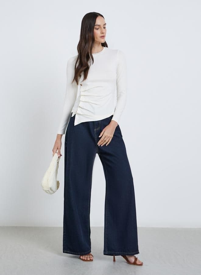 Styli Asymmetric Hem Button Detail Long Sleeve Top
