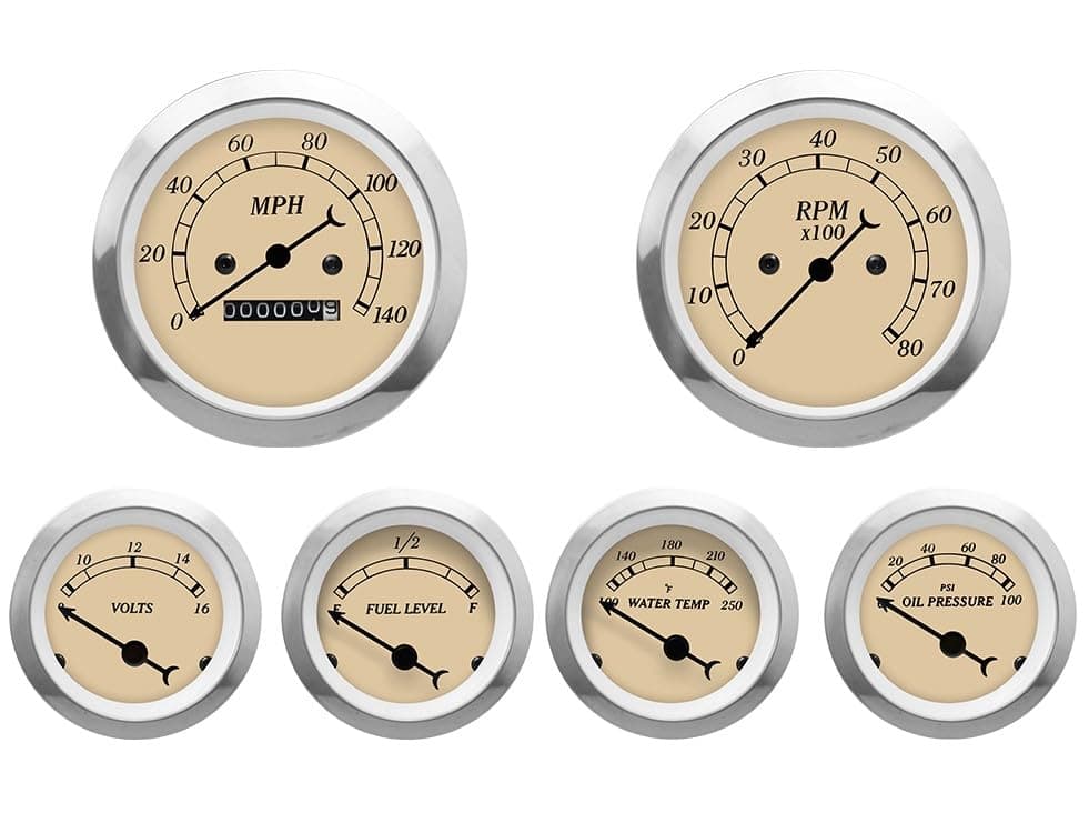 MOTOR METER RACING Classic 6 Gauge Set with Mechanical Speedometer Analog Odometer Red Dial White Needle Light Bulb Illumination 85mm 3-3/8" & 52mm 2-1/16"