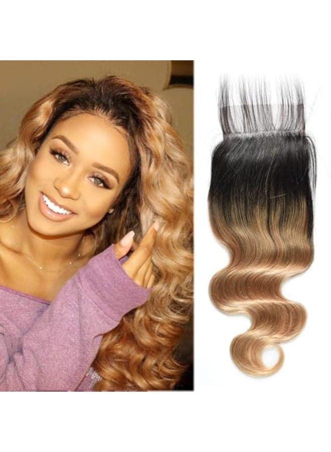 1B27 Ombre Lace Closure Brazilian Virgin Hair Body Wave Honey Blonde Closure Only Pre Plucked With Baby Hair Transparent Lace 4X4 Free Part 18 Inch