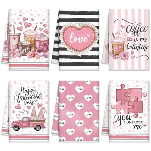 SmoothNovelty 6 Pcs Pink Valentine's Day Kitchen Towels Love Heart Dish Towels Decorative Hugs Kisses Love Hand Tea Towel Farmhouse Valentines Bathroom Decor for Holiday Anniversary Wedding Decoration