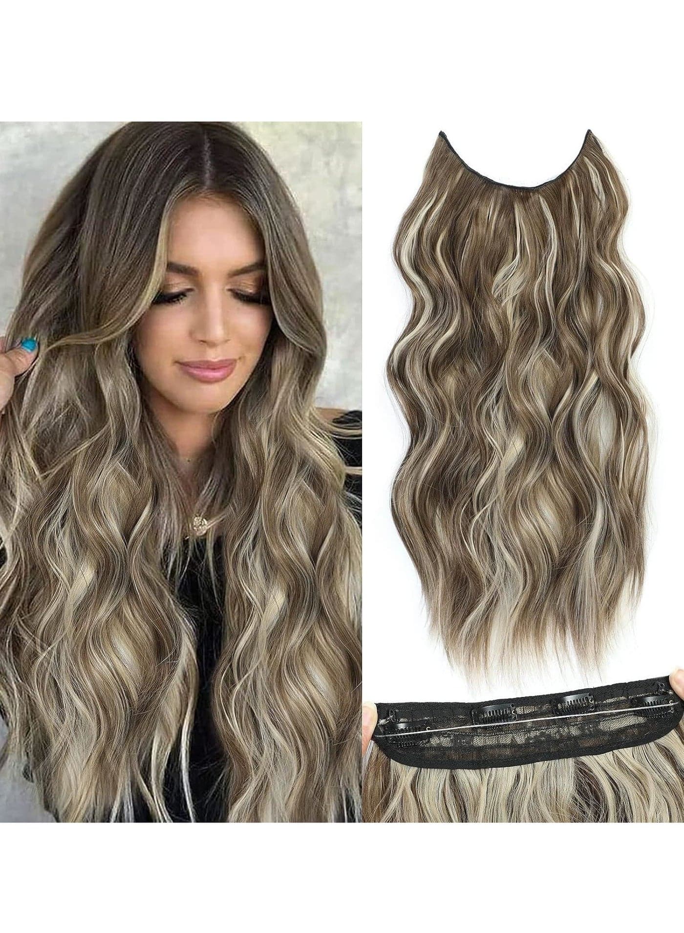 Hair Extensions Adjustable Long Wavy Hairextension Synthetic Wig Upgrade 4 Secure Clips in Hairpieces Invisible Wire Black Hair Extensions