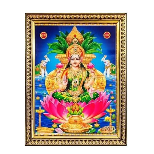 Pooja Ghar Laxmi Ji Green Saree Religious Photo Frame for Puja Room Temple Worship/Wall Hanging/Gift/Home Decor (10 x 12.5 Inch),.