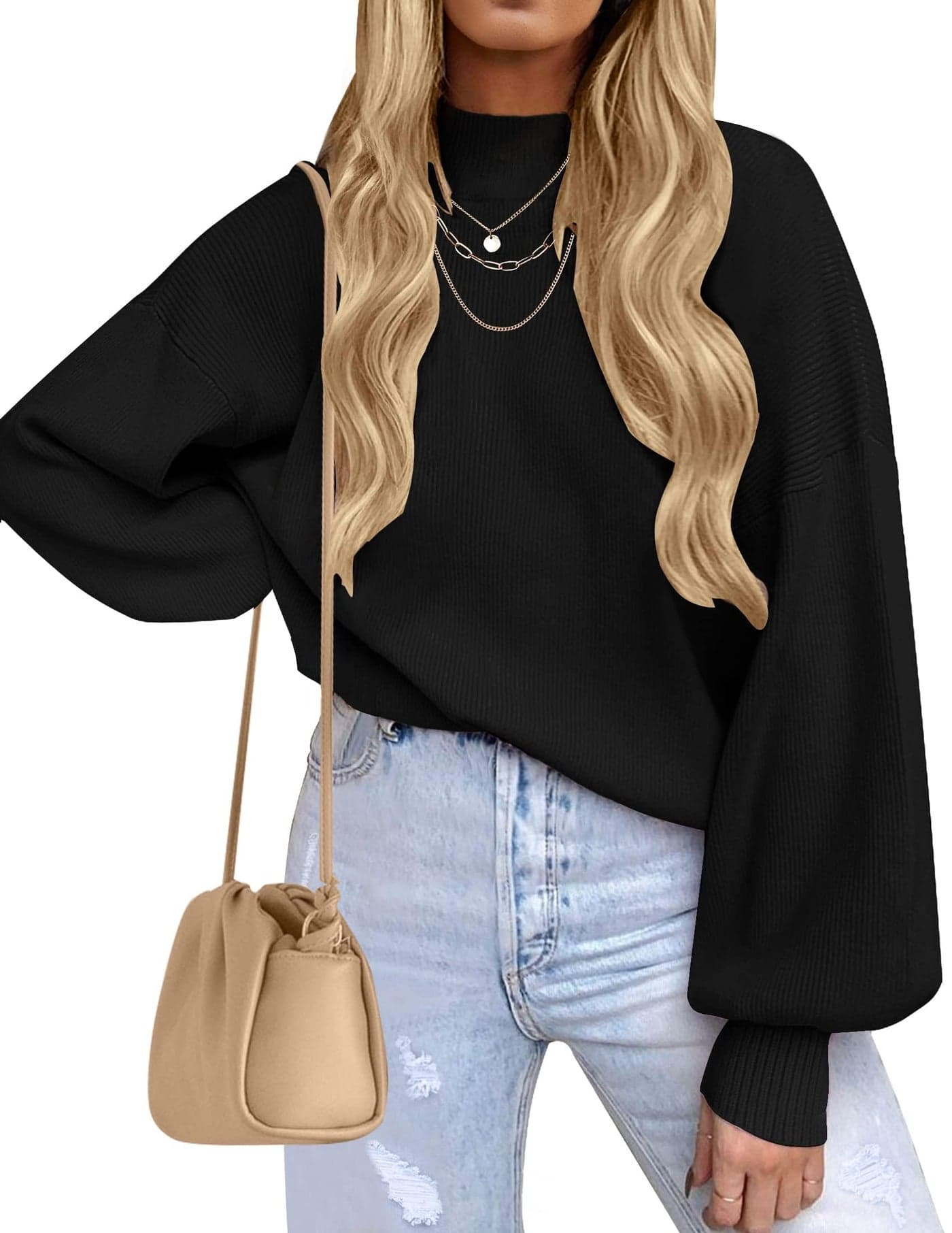 ZESICA Womens Casual Turtleneck Long Lantern Sleeve Fall 2025 Oversized Ribbed Knit Pullover Sweater Jumper TopBlackSmall