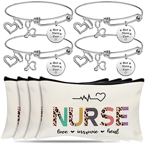 Highergo 8 Pcs Christmas Nurse Appreciation Gifts for Women 4 Nurse Makeup Cosmetic Bag Bulk with 4 Bracelets for Thank You Survival Kit Zipper Pouch Practitionor Day Birthday Travel Supplies
