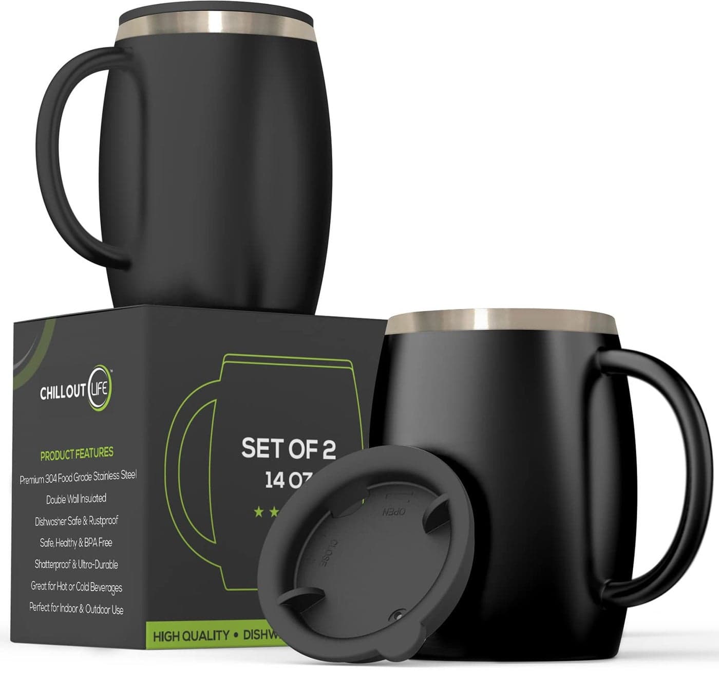 CHILLOUT LIFE Stainless Steel Insulated Coffee Mugs Set of 2 14 oz Double Wall Coffee Cups With Spill Resistant Lid Strong Handle Shatterproof Cups for Cold Drinks Hot Beverages