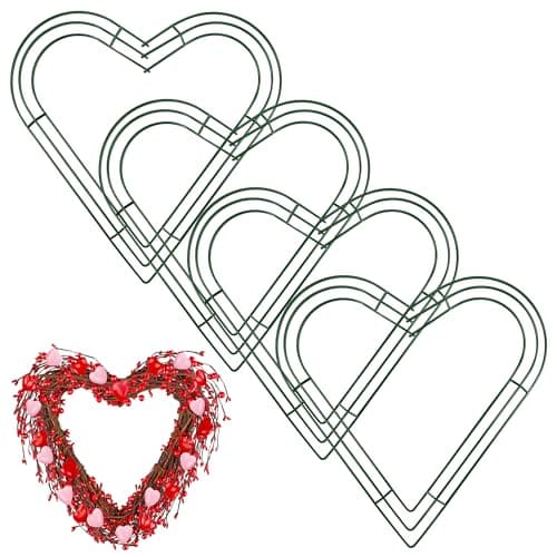 Aodaer 4 Pack 12 Inch Heart Wire Wreaths Frame Heart Metal Wreath Garland Green Wire Flower Wreath for Valentine's Day, Wedding Party, Home Ceremony Decoration