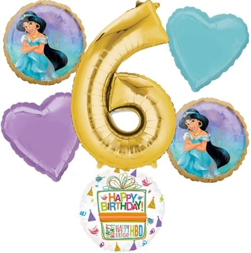 Anagram Princess Jasmine 6th Birthday Party Supplies 6pc Aladdin Balloon Bouquet Decorations