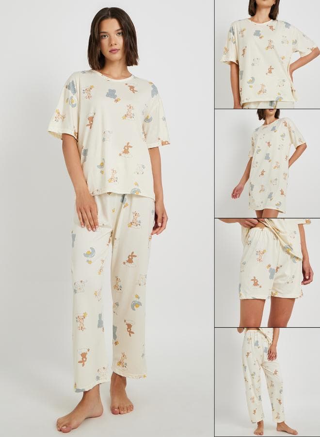 Take Two Set of 4 - Printed T-Shirt and Shorts with Nightdress and Pants