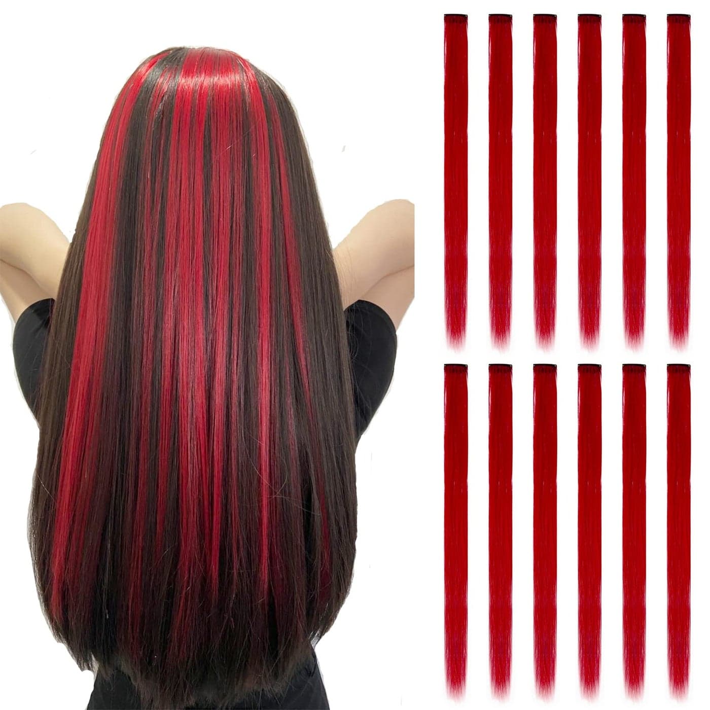 12PCS Colored Red Hair Extensions Straight Multicolor Clip in Colorful 20 Inch Rainbow Hair Extensions for Kids Womens Gifts Halloween Christmas Party Highlights 12pcs Red