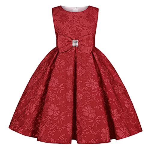 BESZANA Girls Dress Bow Design Girls Party Birthday Dress Suitable for Children Aged 2-10 Burgundy