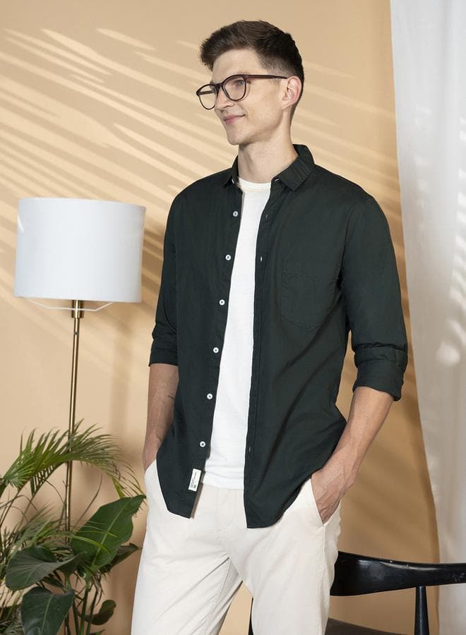 Slim Fit Green Men's Casual Spread Collar Shirt, Full Sleeves, 100% Cotton,