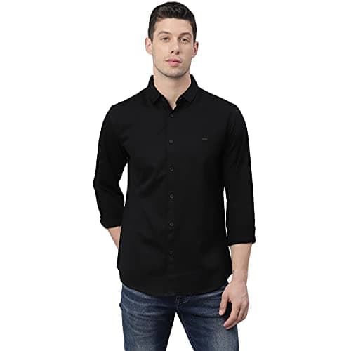 Dennis Lingo Men's Cotton Full Sleeves Solid Slim Fit Casual Shirt with Pocket (Black, M)