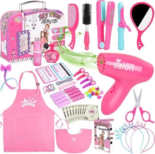 Gifts2U Hair Salon Toys for Girls Girl Beauty Salon Playset Pretend Hair Styling Set with Blow Dryer Barber Costume Apron Scissors Styling Manu Fake Money and Functional Stylist Accessories