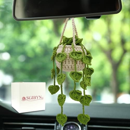 SGIBYN Crochet Hanging Plant for CarCar Decorations InteriorPlant Aesthetic Car Accessories for Women Interior CuteCar Ornaments Charms for Rear View MirrorBoho Car Decoration Gifts