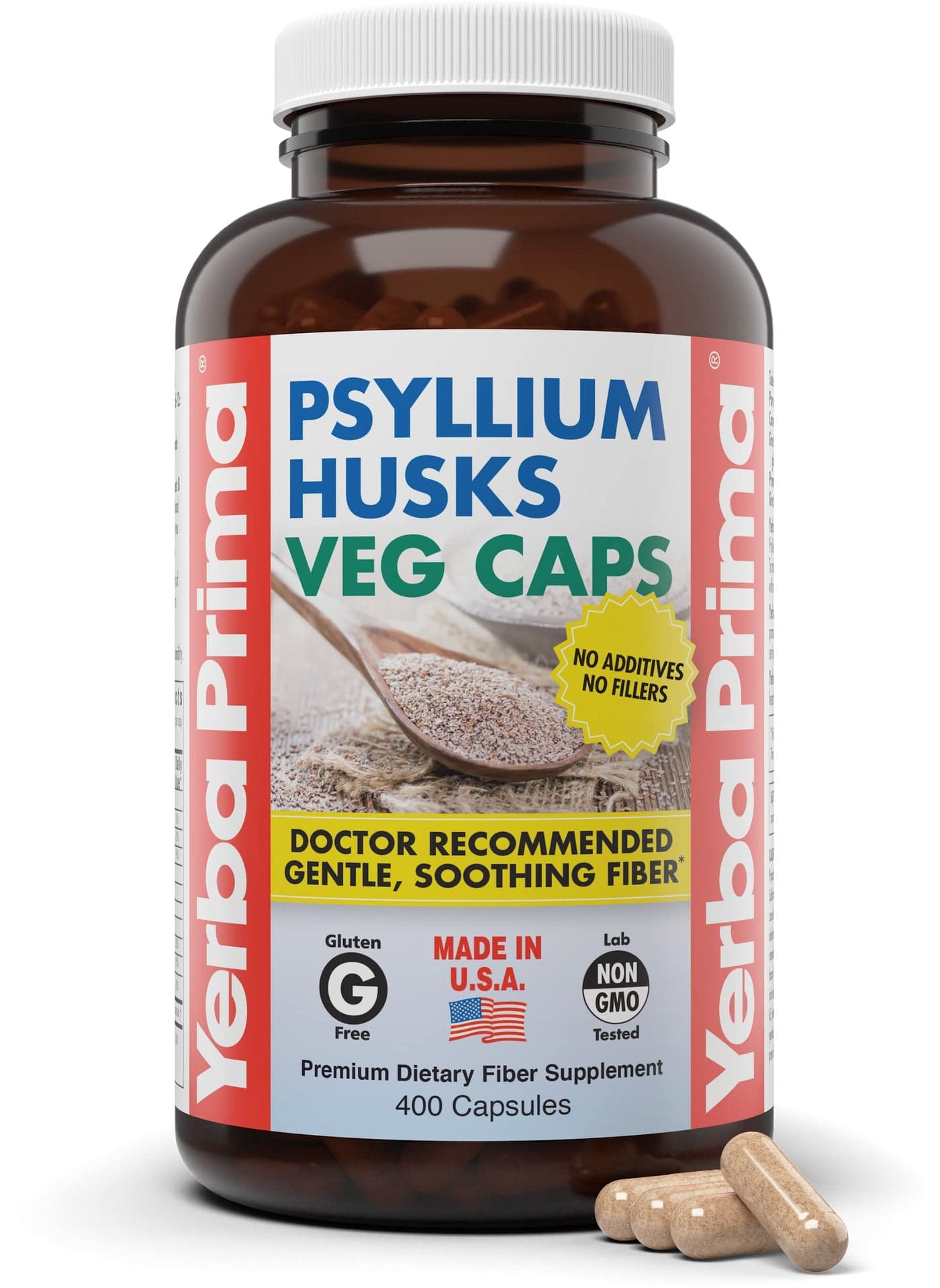 Yerba Prima Psyllium Husks Veg Caps 400 Capsules 625mg Vegan NonGMO Gluten Free Colon Cleanser Daily Fiber Supplement for Gut Health Regularity
