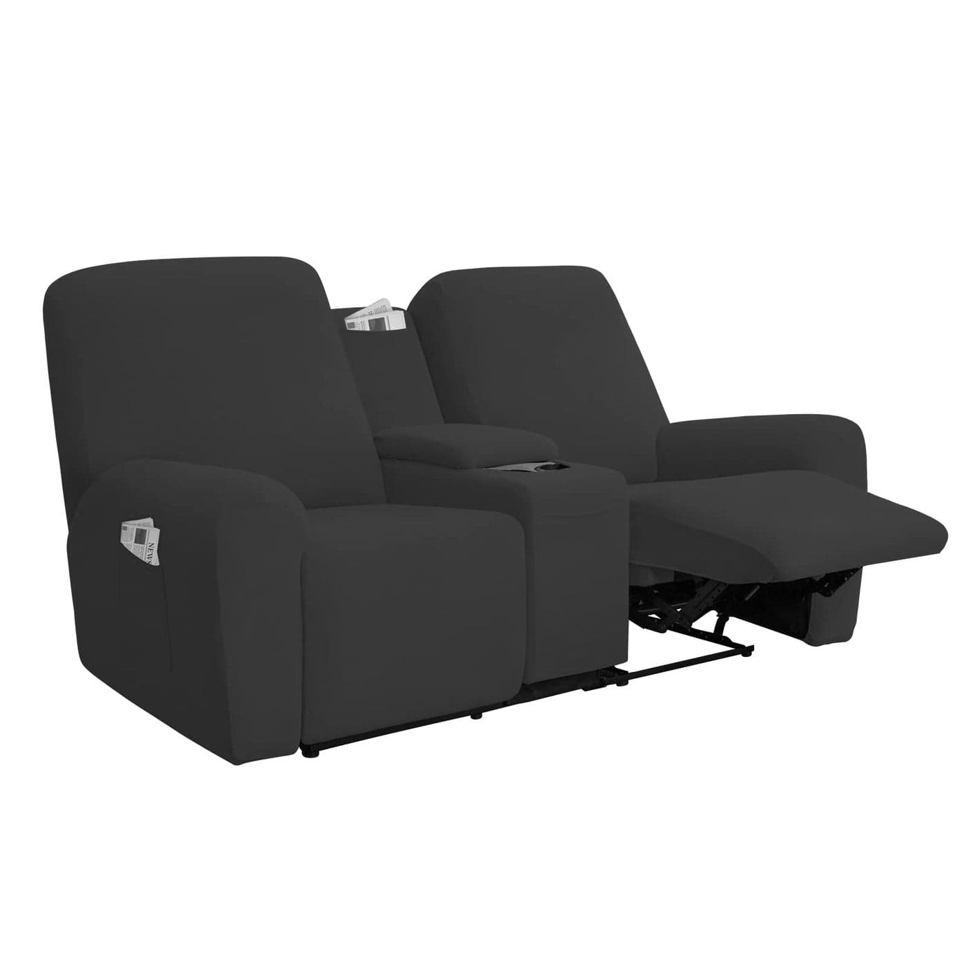 EasyGoing Stretch Recliner Loveseat Cover with Center Console Sofa Slipcover Soft Fitted Fleece 2 Seats Couch with Holder and Storage Washable Furniture Protector Dark Gray