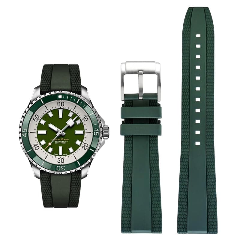 FKM Rubber Band For Breitling Superocean Watches With Buckle, Rubber Watch Band Straps For Breitling Professional Watches (Green, 20mm)