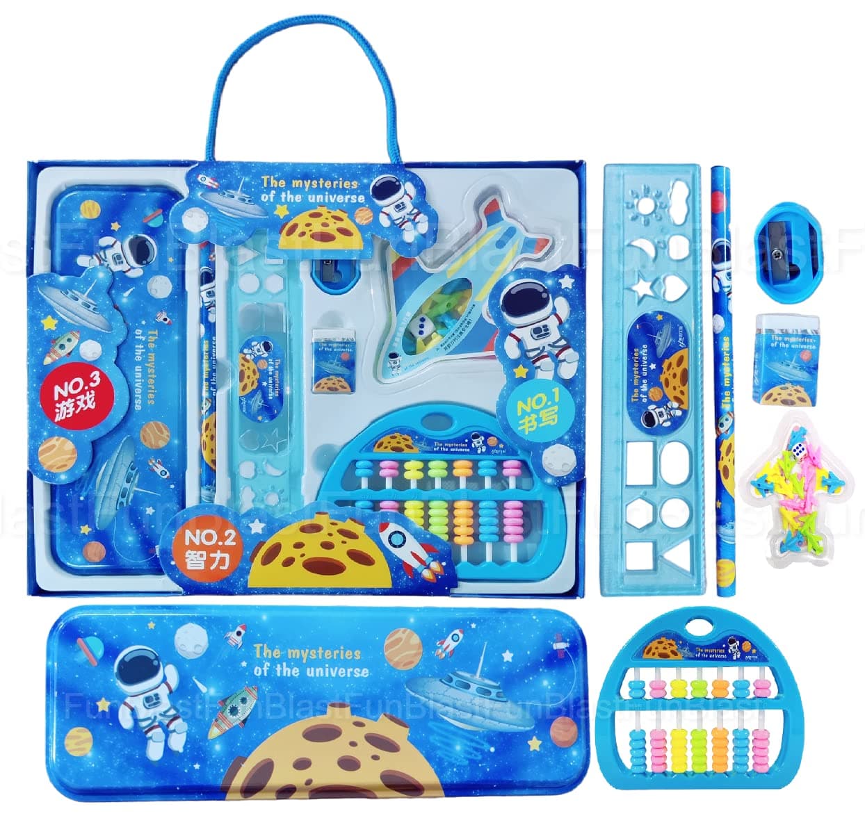 FunBlast Space Theme Stationery Set For Kid -School Stationery Supplies, Kawaii Stationery Set, Pencil Box, Ruler, Eraser, Sharpener With Ludo And Abacus Toy,Multicolor