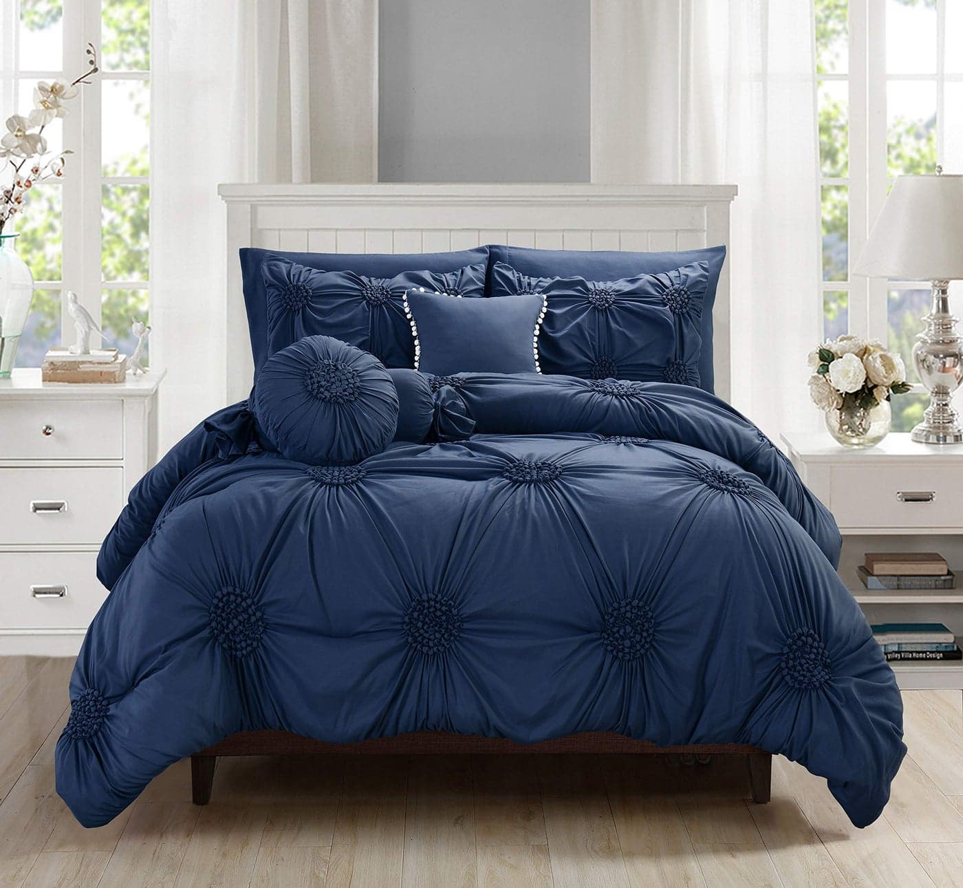 Elegant Comfort Luxurious Softest Coziest 10Piece BedinaBag Sunflower Comforter Silky Soft Complete Set Includes Bed Sheet Set with Double Sided Storage Pockets Featured FullQueen Navy Blue