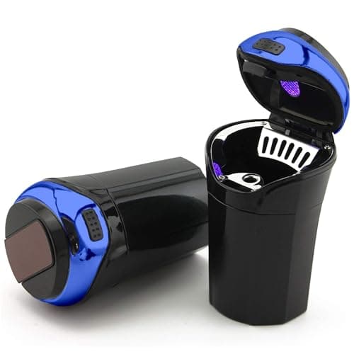 TAKAVU Car Ashtray (1-Pack), Easy Clean Up Detachable Stainless Car Ashtray with Lid Blue LED light and Removable Lighter for Most Vehicle Cup Holder (Blue)