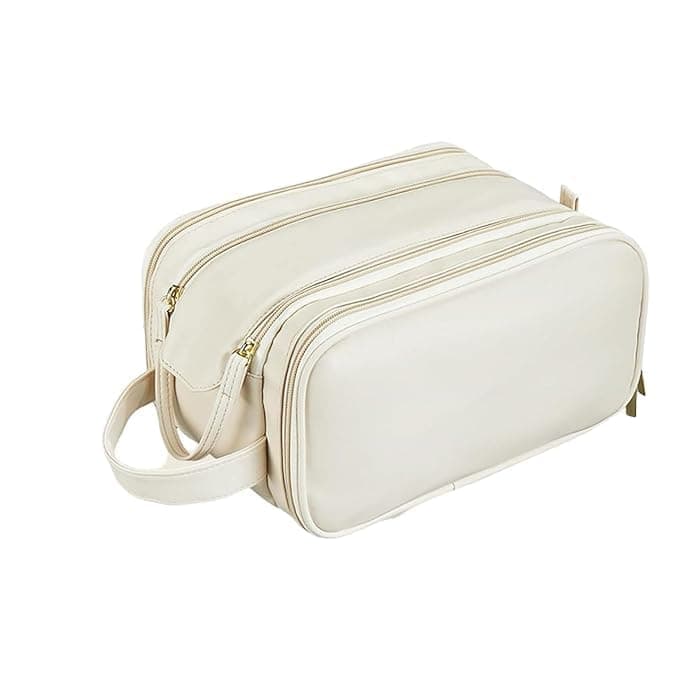 PEIPUS Portable Cosmetic Organiser Bag Large Capacity Travel Makeup Storage Case DoubleLayer with Zipper Closure Beige
