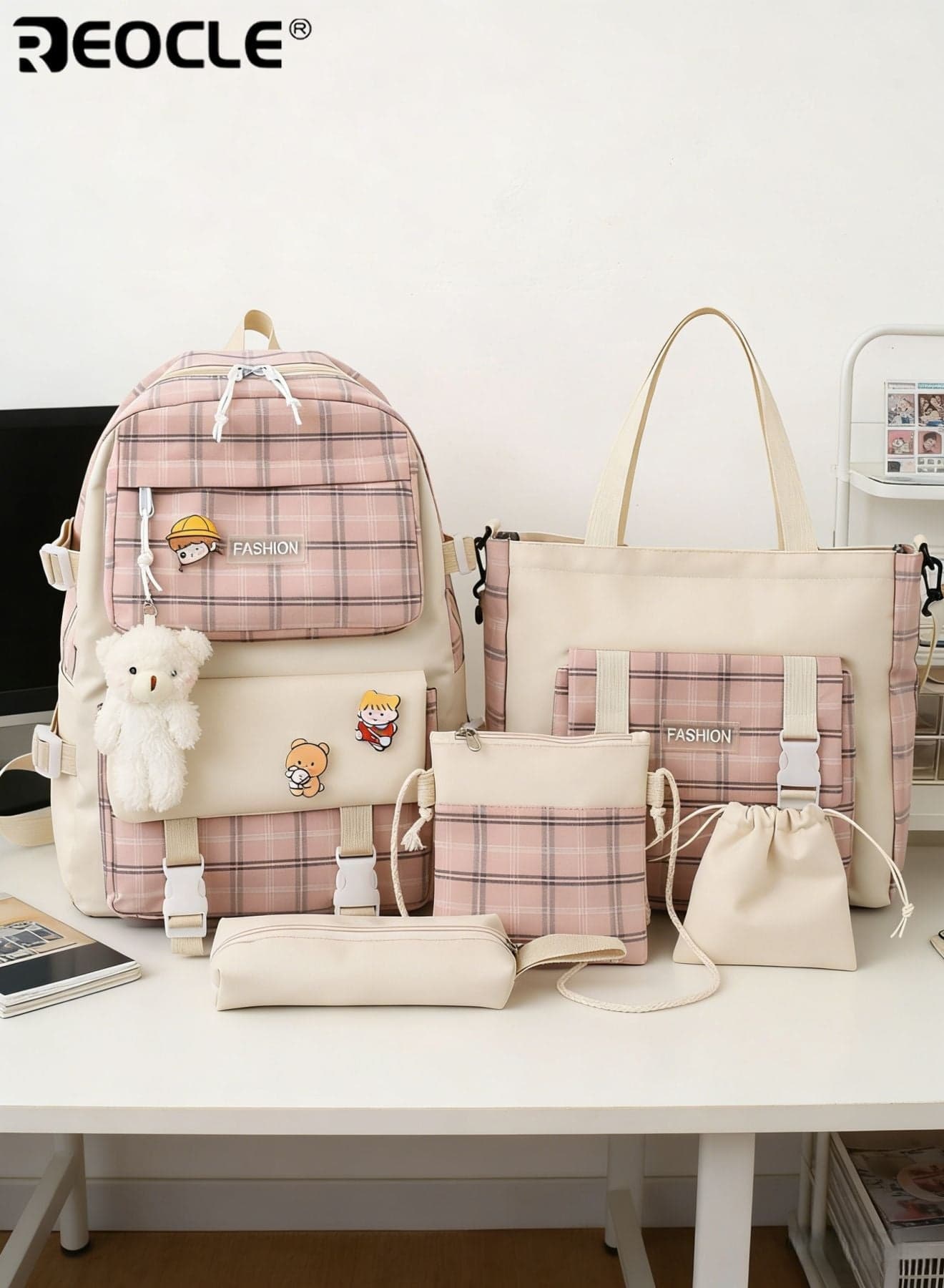 5PCS Girl's Coordinated Plaid Pattern Canvas Backpack & Matching Carry Collection Stylish Casual Bag Set with Decorative Charms for School Daily Commute Weekend Outings & Travel Use