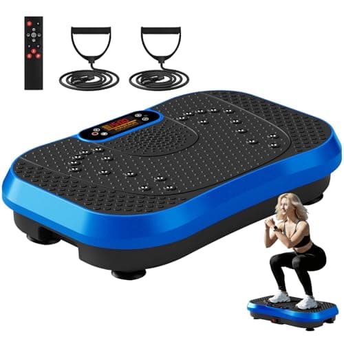 SoftGym Vibration Plate Exercise Machine for Lymphatic Drainage,Power Vibrate Stand Shake Board 450 Lbs Capacity Whole Body Workout Waver with Resistance Bands Weight Loss Gifts for Women Men-Blue