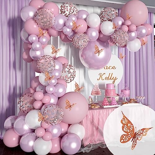 Soonlyn Butterfly Baby Shower Decorations 13ft Pink Balloon Arch Kit with Butterfly Stickers Lilac Purple Metallic Rose Gold Confetti Balloons for Birthday Decorations Girl 18 In 12 In 10 In 5 In
