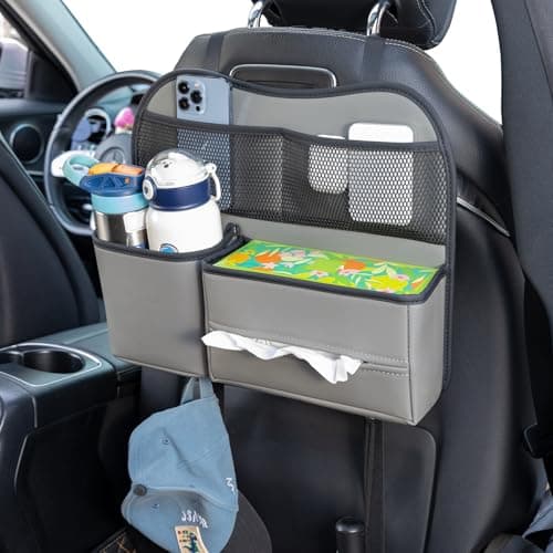 Sancaral Leather Car Seat Back Organizer with Tissue Holder, Water Bottle Holder, Phone Holder for Road Trips. (Gray)
