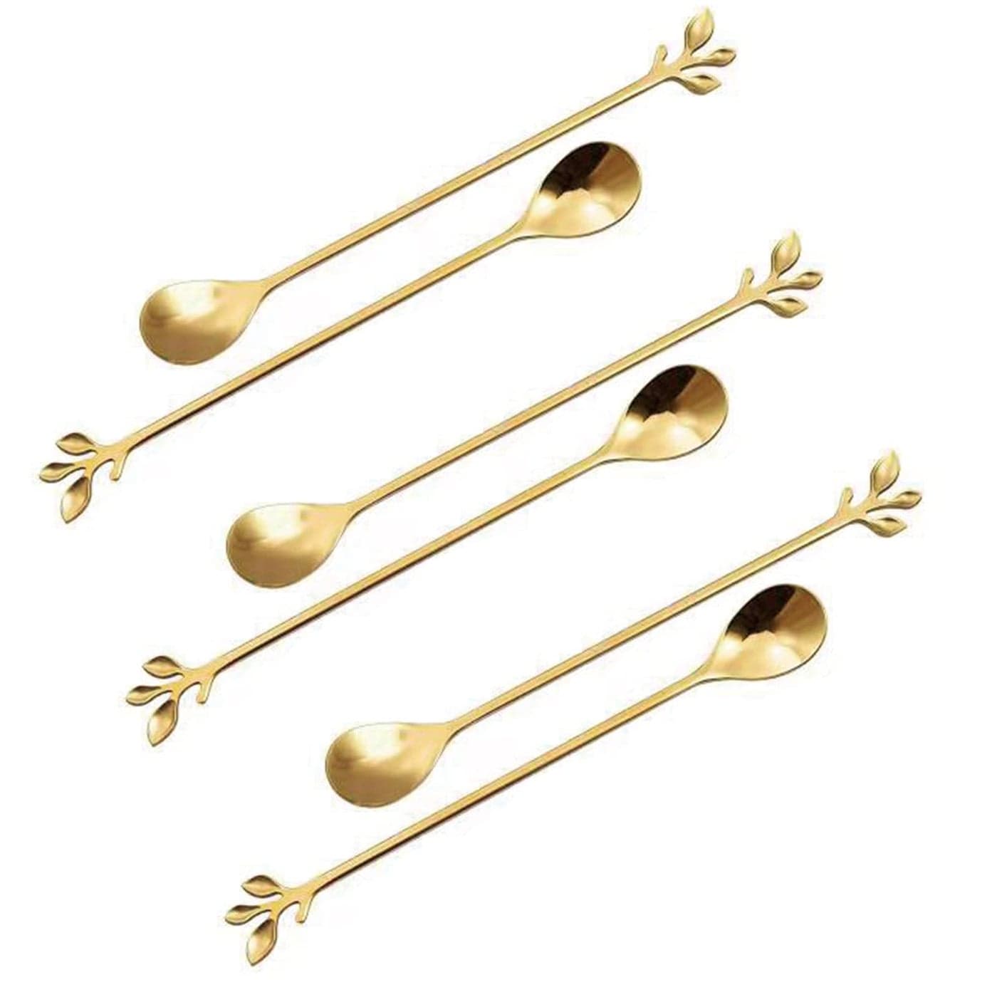 Long Handle Ice Tea Spoons Set Ice Cream Leaf Spoon Stainless Steel Cocktail Stirring Spoon Gold Coffee Spoons For Coffee Bar Dessert Hottea Shakes 6 Pcs Gold