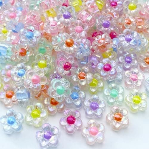 150Pcs Acrylic Flower Beads Candy Color Transparent Plastic Pastel Spacer Beads with Hole for DIY Crafts Wind Chimes Suncatcher Necklaces Bracelets Earrings Jewelry MakingAB Mixed Color