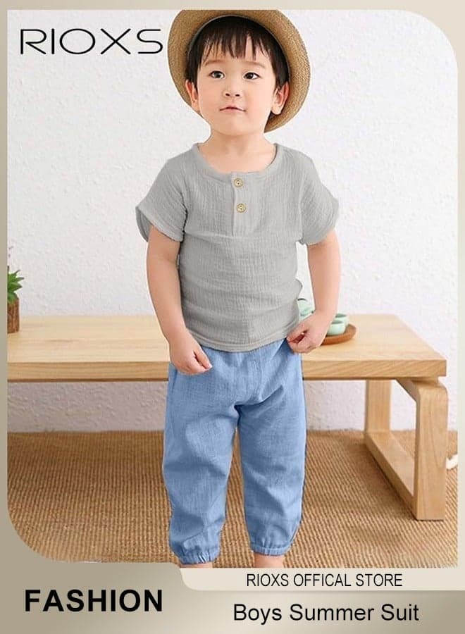 2PCS T-Shirt and Pants Set for Boys & Girls, Short Sleeved Cotton Shirt and Linen-cotton Pants, Fashionable Outfit for Toddlers, Comfortable Skin-friendly Summer Suit for Kids, Suitable for Daily Wear, Home Wear or Photography Dressing