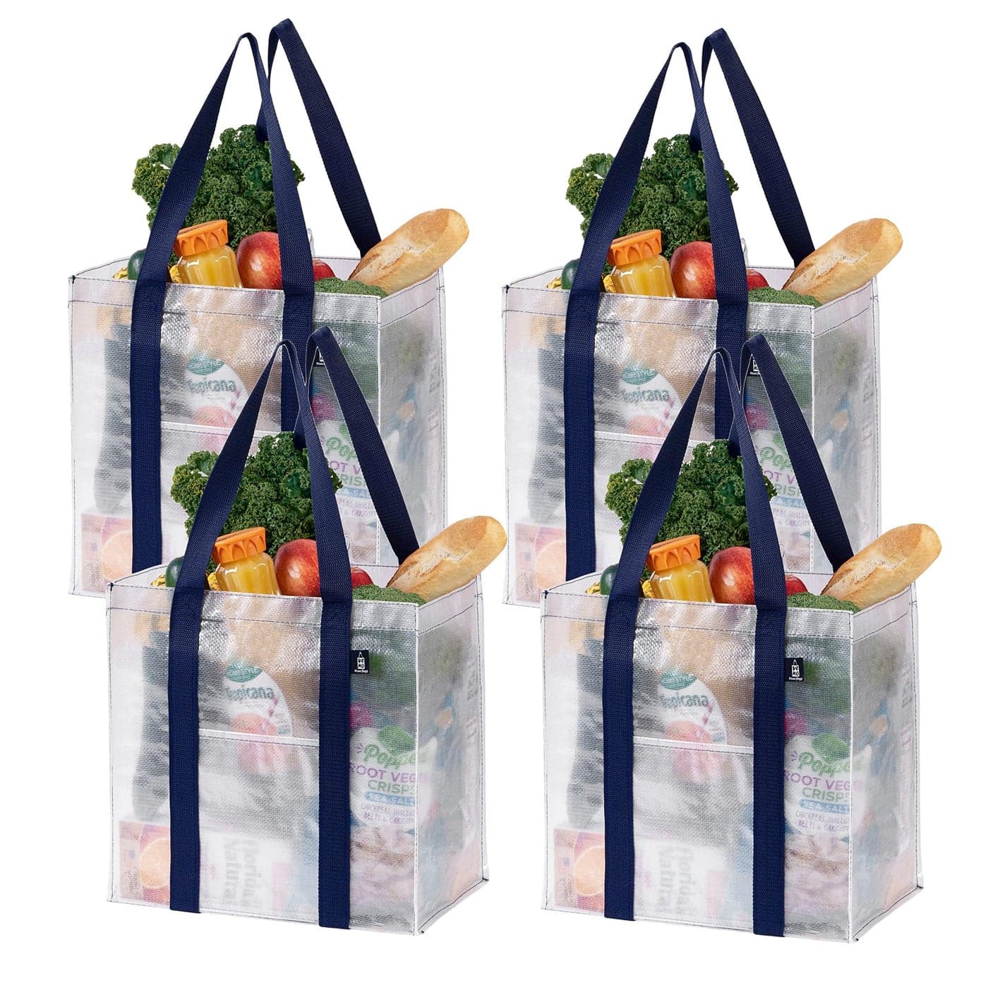 VENO 4 Pack Reusable Grocery Bags w/ Hard Bottom, Heavy-Duty Shopping Bags for Shopping Cart (Clear, 4 Pack)