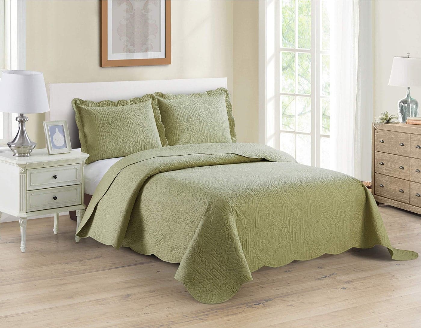 Home Collection 3pc KingCal King Over Size Luxury Embossed Bedspread Set Light Weight Solid Sage Green New