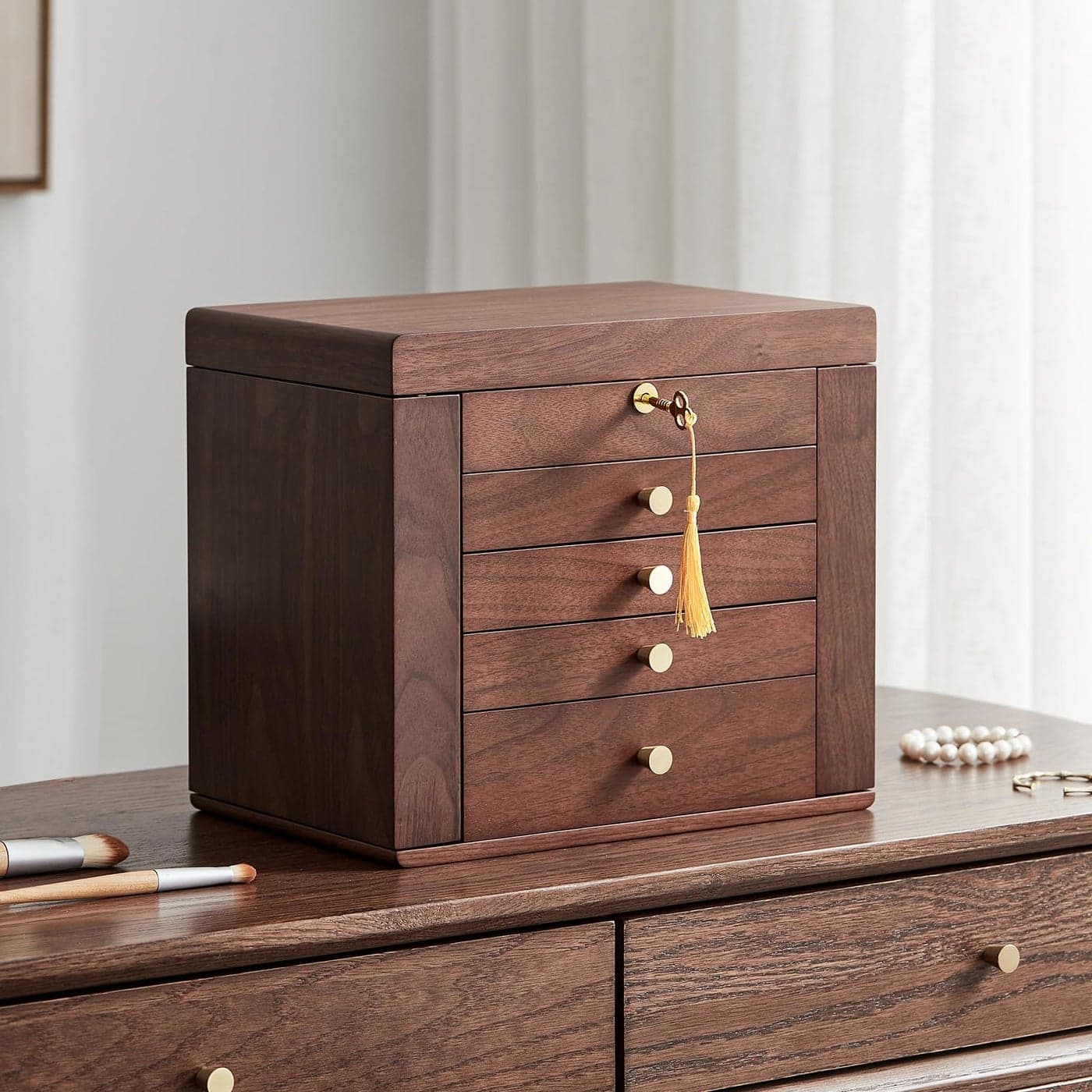 Homruilink Black Walnut Wooden Jewelry Box 5 Layer Wood Jewelry Organizer with 2 Side Doors Mirror Lockable Classical Style for Watch Necklace Ring Earring Storage Gifts