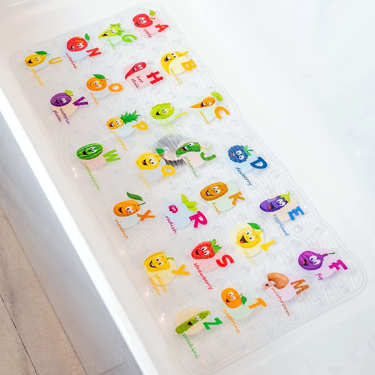 BEEHOMEE Polyvinyl Chloride PVC Bath Mat Alphabet Square XL Size 35x16 inch Textured Pattern Suction Cups Bath Mats for Tub Kids