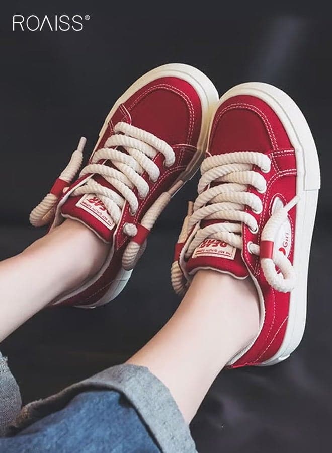 Women Classic Canvas Shoes, Low Top Lace up Board Shoes, Casual Versatile Sneakers for Ladies, Comfy Flat Shoes with Non-slip Soles, Suitable for Daily Wear and Outdoor Activities