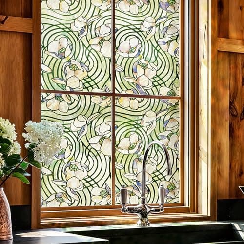 3D Stained Glass Window Film, Decorative Window Privacy Film for Bathroom,Front Door,Home, Sun Blocking Heat Control,Static Cling,23.6inch x 35.4inch Dancing Plant