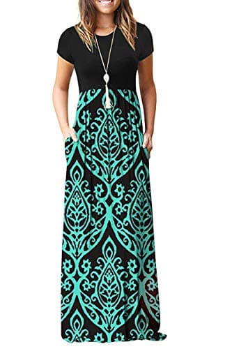 AUSELILY Women Short Sleeve Loose Plain Casual Long Maxi Dresses with Pockets (XL, Black Green)
