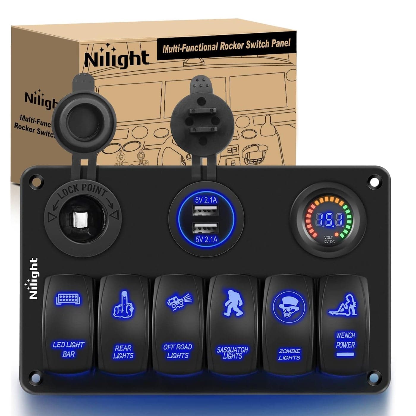 Nilight 6 Gang Rocker Switch Panel with USB Charger and Voltmeter for 12V-24V Vehicles