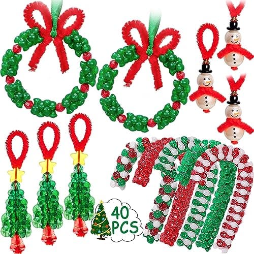 Christmas Crafts for Kids Adults Families Beaded Ornament Kit to Make WreathCandy CaneXmas TreeSnowman Holiday Decorations Party Supplies 40 Pieces