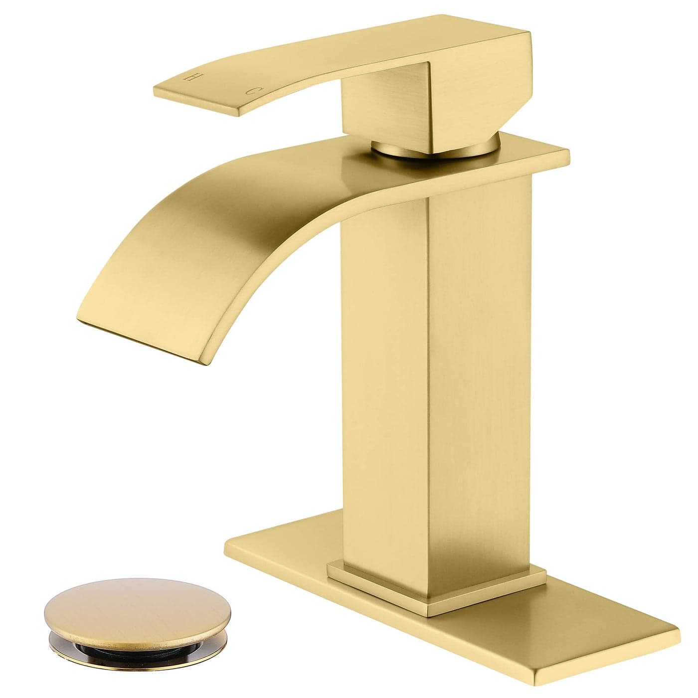 JXMMP Waterfall Faucet for Bathroom Sink Single Hole Bathroom Faucet Brushed Gold with Pop Up Drains and Deck Plate for 3 Hole Installation JXM122BG