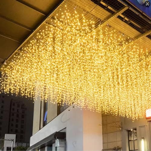 LOFTOLMEA LED Ceiling Icicle Lights 164FT 216 LEDs 8 Modes Twinkle Christmas Hanging Fairy String Curtain Lights for Parties Mall Patio Yard Indoor Outdoor Decoration Warm White 5M