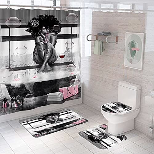 DDS-DUDES 4Pcs African American Black Girl Waterproof Shower Curtain Sets for Bathroom with Non Slip Rugs, Toilet Cover and Bath Mat, 12 Plastic Hooks (Girl-Sit)