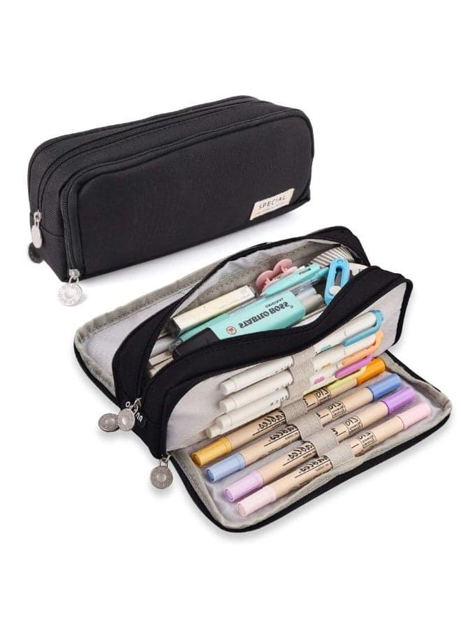 Pencil Case 3 Compartments Pencil Pouch Big Capacity Pencil Bag for Kids Teen Girls Boys Student School Supplies Oxford Organizer Pen Bag (Black)
