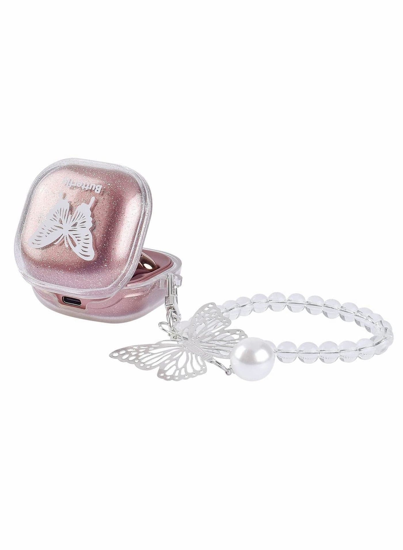 Case Compatible with Galaxy Buds 2/Galaxy Buds Pro/Galaxy Buds Live, Clear Glitter Cute Butterfly Protective Cover Case with Keychain Soft TPU for Women Girls