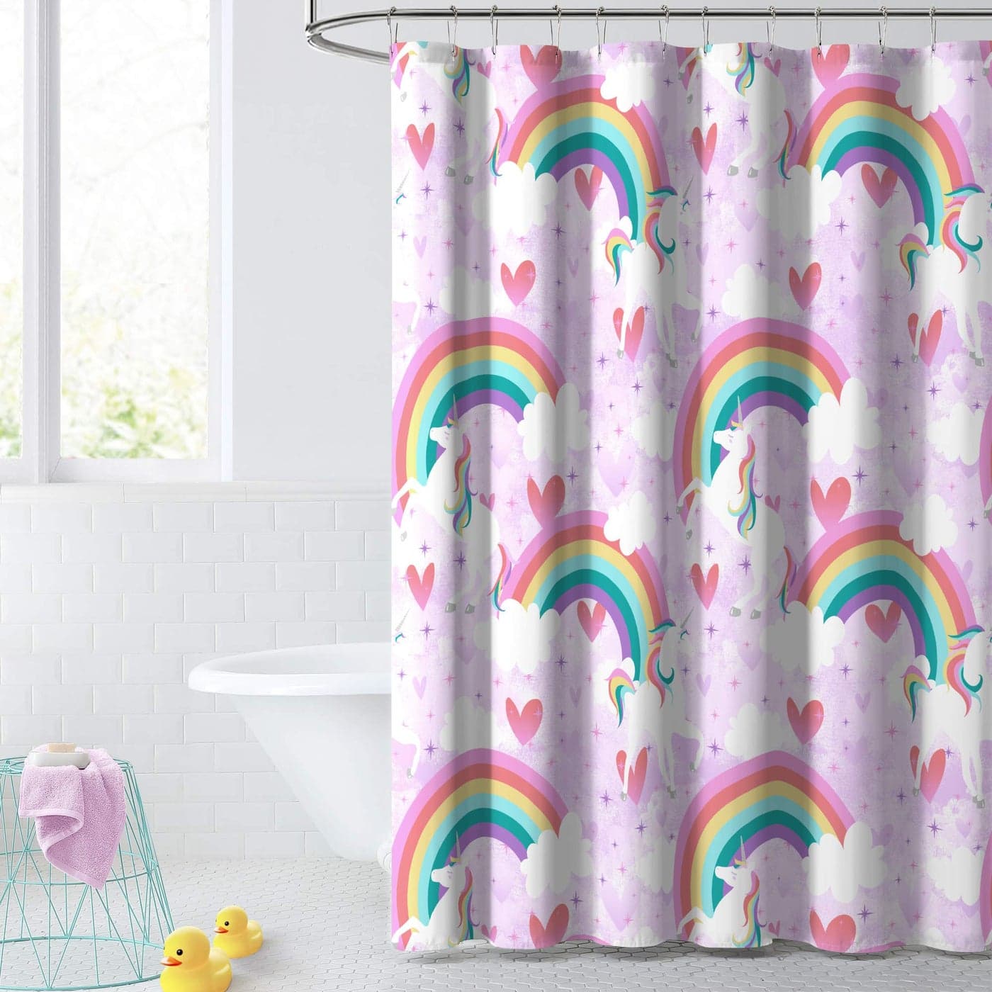 Dream Factory Kids Fabric Shower Curtain for Bathroom 72 in x 72 in W x L Purple Unicorn Rainbow