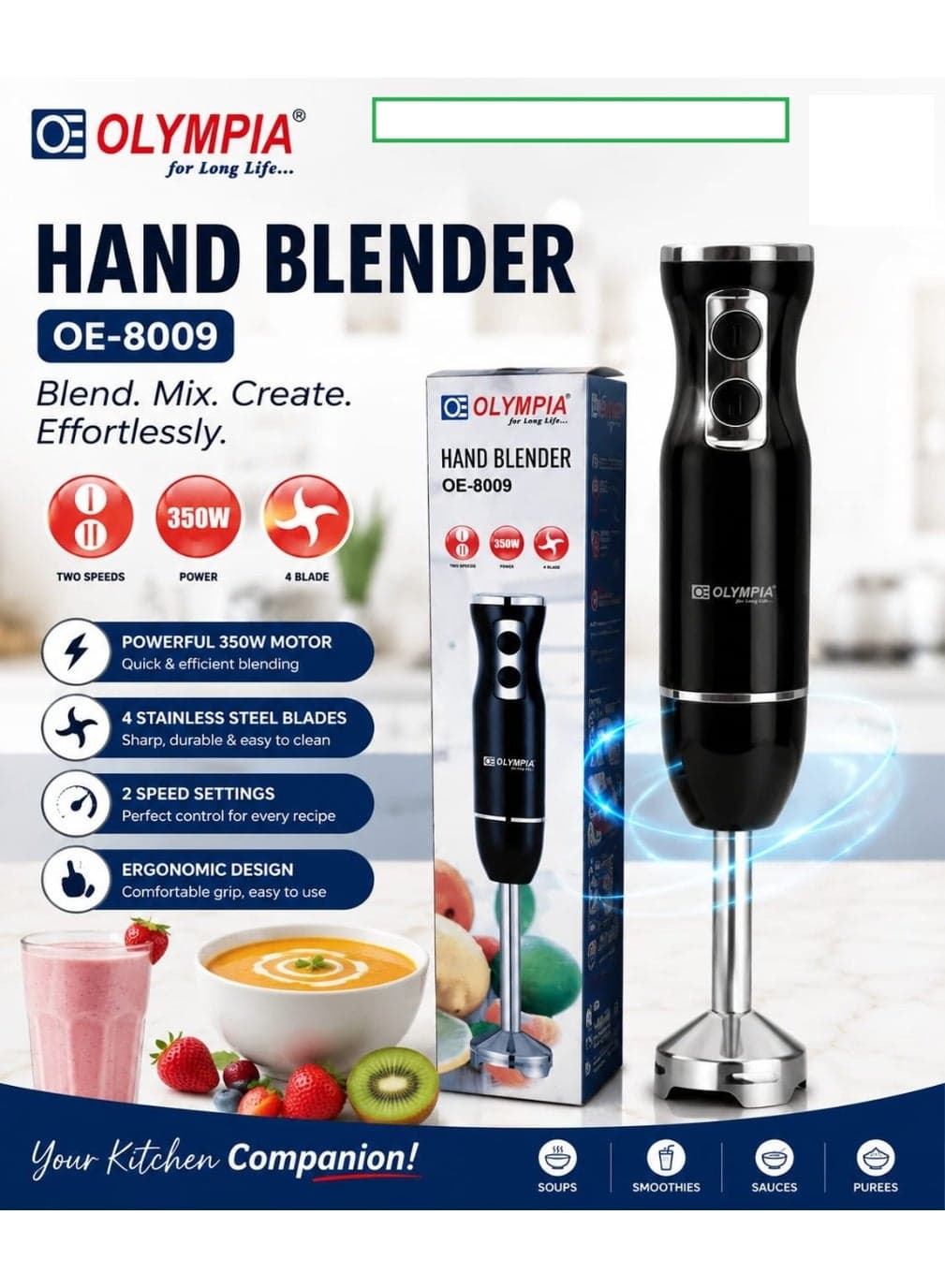 Olympia OE-8009 Hand Blender 350W with 4 Stainless Steel Blades, 2 Speed Settings, Ergonomic Grip, Powerful Electric Stick Blender for Smoothies, Soups, Sauces, Purees, Baby Food and Everyday Kitchen Mixing