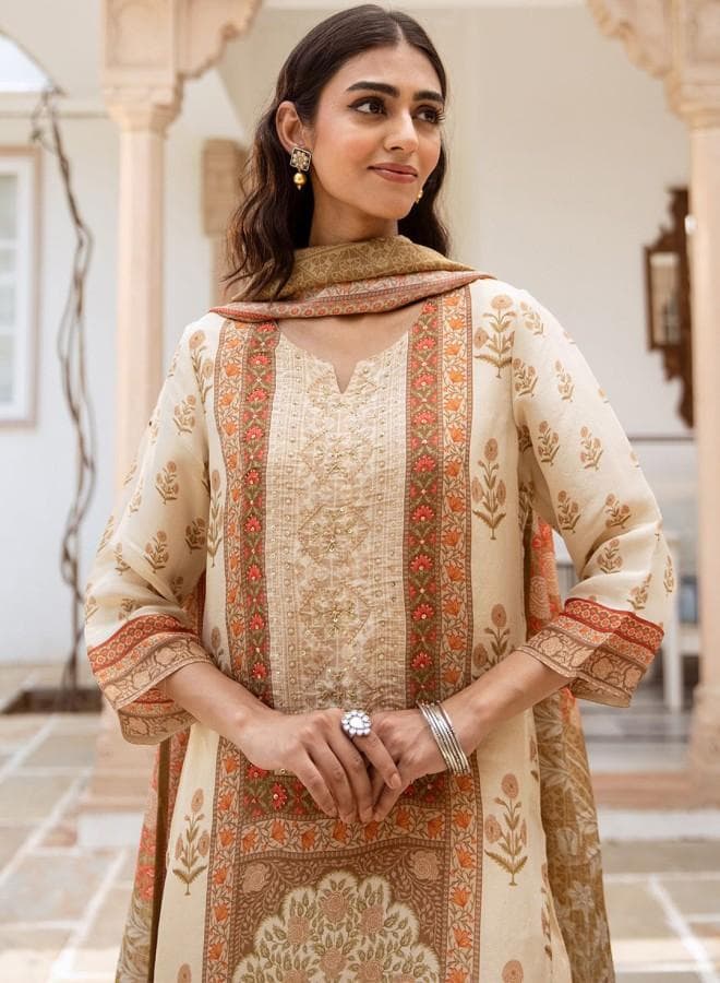 Women'S Cream Rayon Embroidered Tunic Full Length Palazzo Straight Fit Kurta Set
